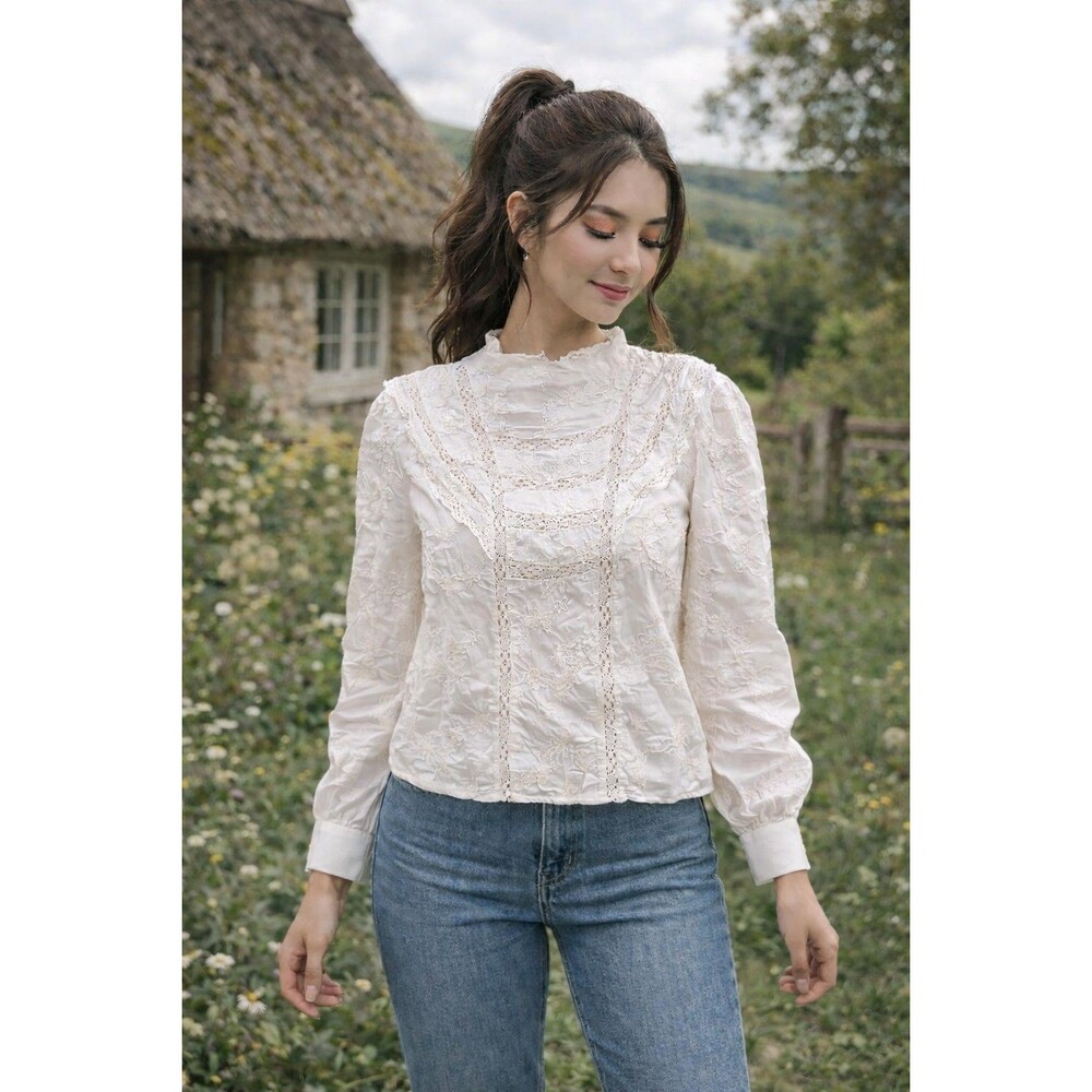 Lace Floral Applique High Neck Top white XL Ultra Pink Victorian Cottage Core